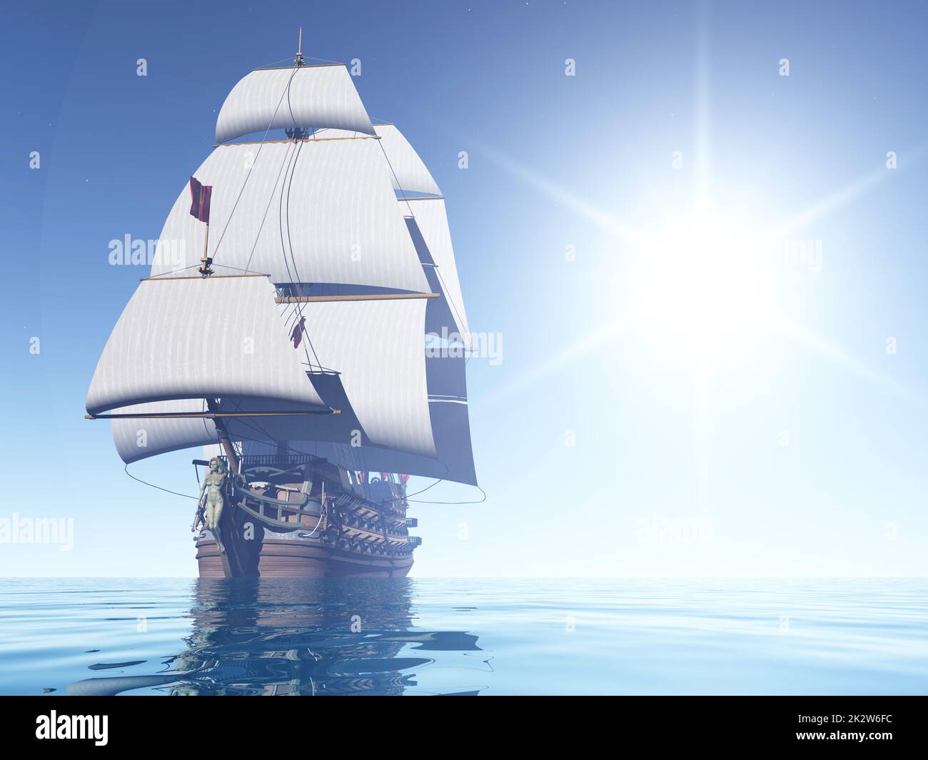 18th century French warship and glaring sun in the morning mist Stock Photo