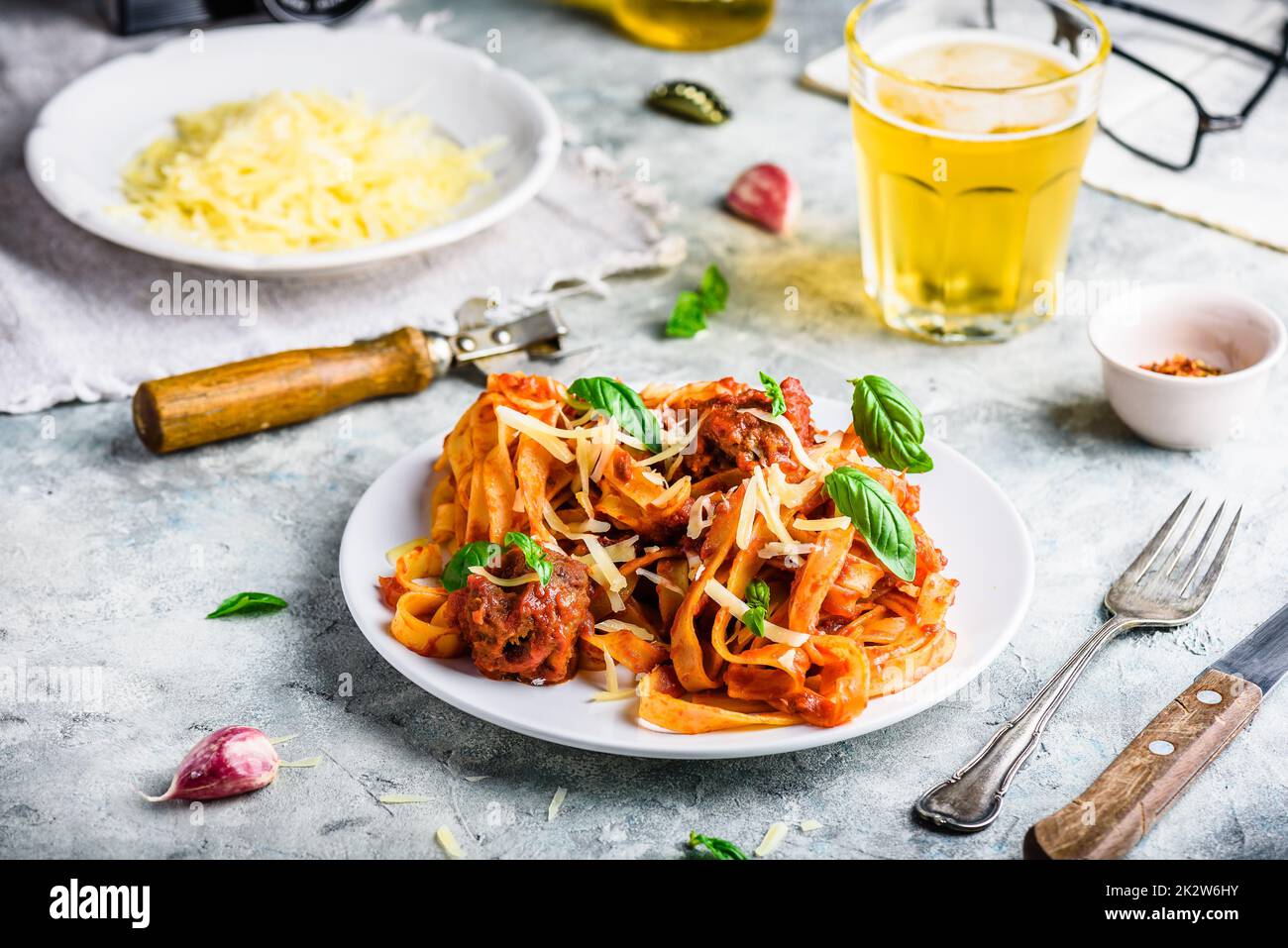 Pasta with mini meatballs Stock Photo