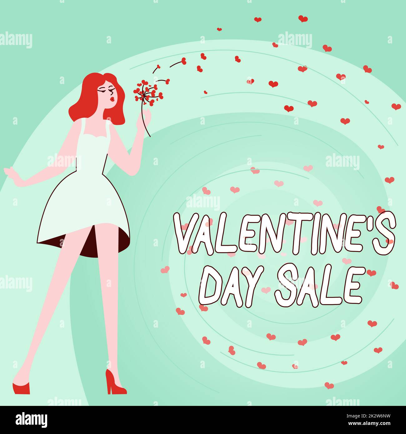 Hand writing sign VALENTINES DAY SALE. Word for Discounted items during Valentines Day Woman blowing bunch of flowers displaying peaceful romantic nature. Stock Photo