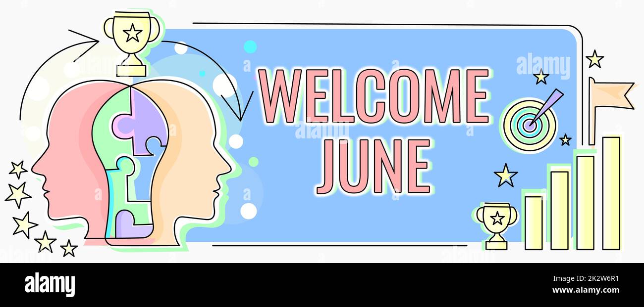 Text sign showing Welcome June. Business idea Calendar Sixth Month Second Quarter Thirty days Greetings Two Heads Connected Puzzle Showing Solving Problems And Sharing Success Stock Photo