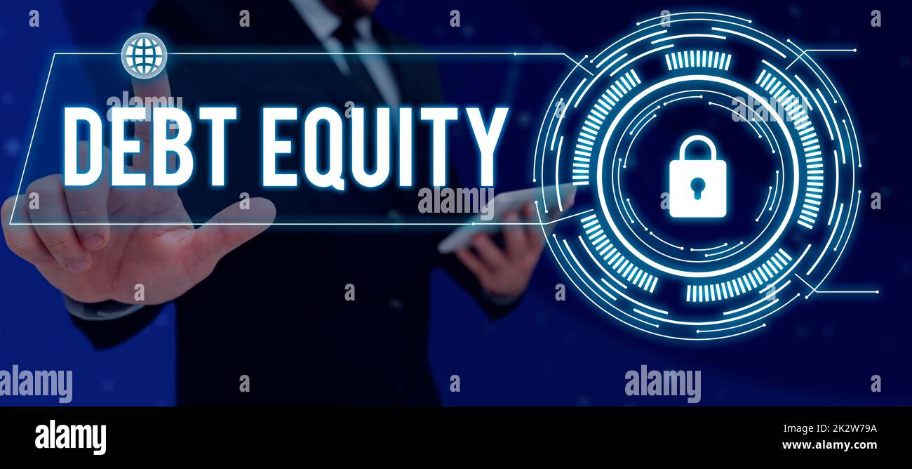 Text sign showing Debt Equity. Business approach dividing companys total liabilities by its stockholders Lady in suit holding pen symbolizing successful teamwork accomplishments. Stock Photo