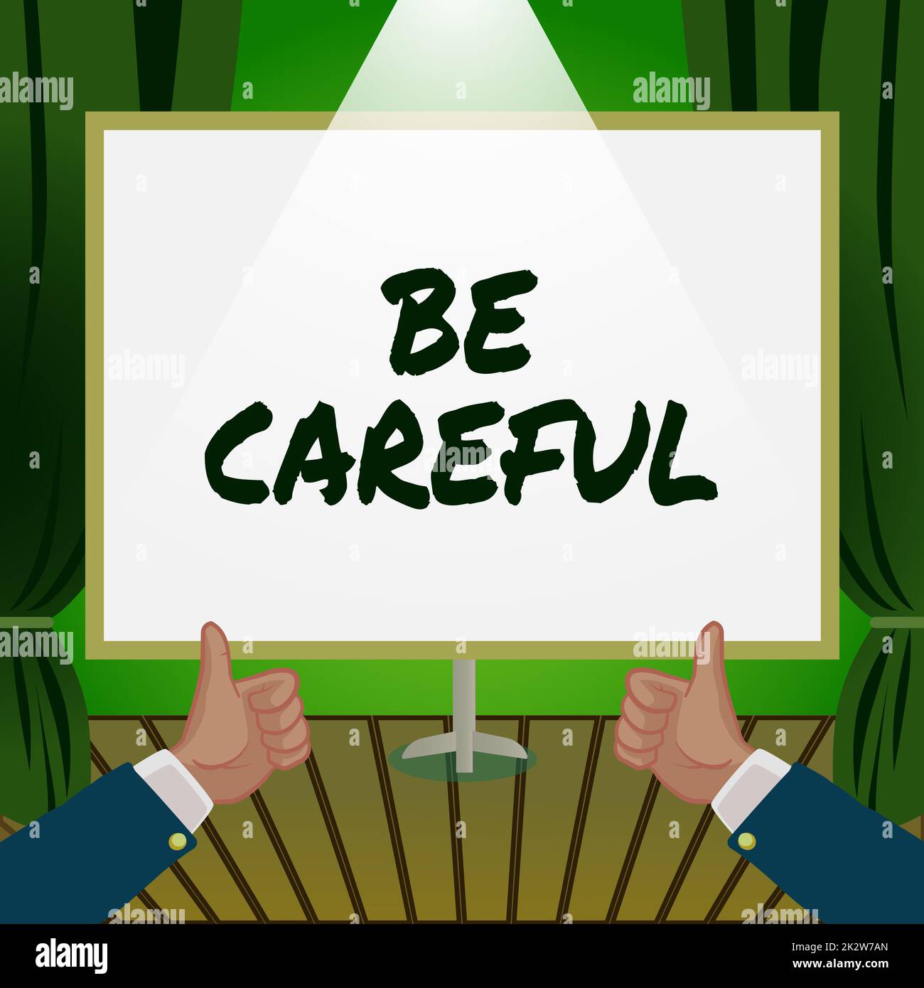 Text sign showing Be Careful. Conceptual photo making sure of avoiding potential danger mishap or harm Hands Thumbs Up Showing New Ideas. Palms Carrying Note Presenting Plans Stock Photo