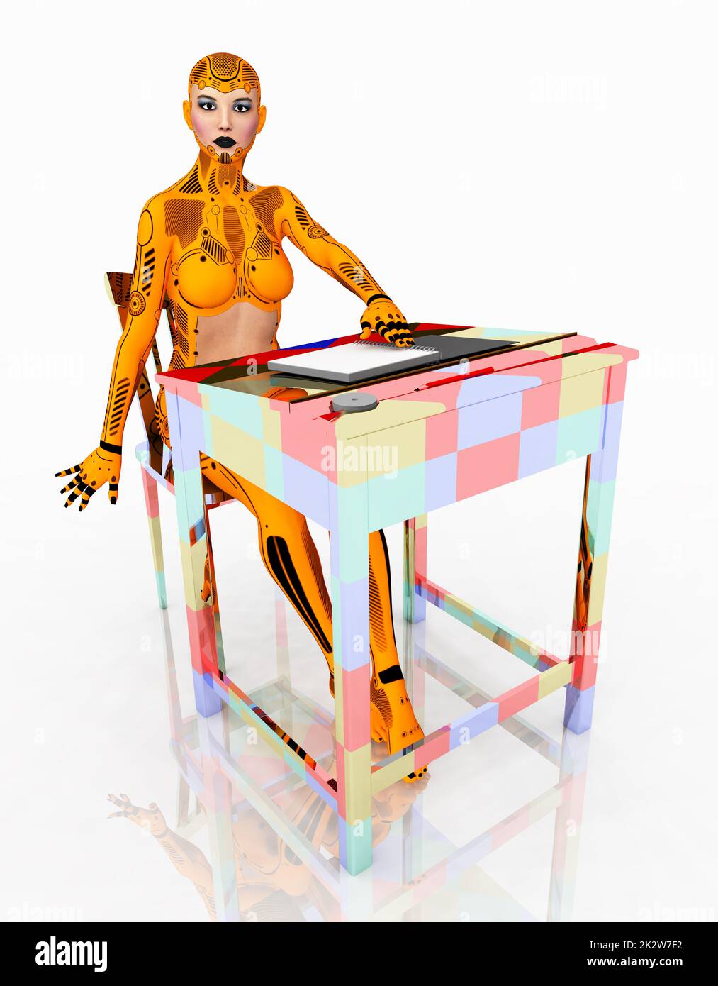 Humanoid female robot with desk Stock Photo