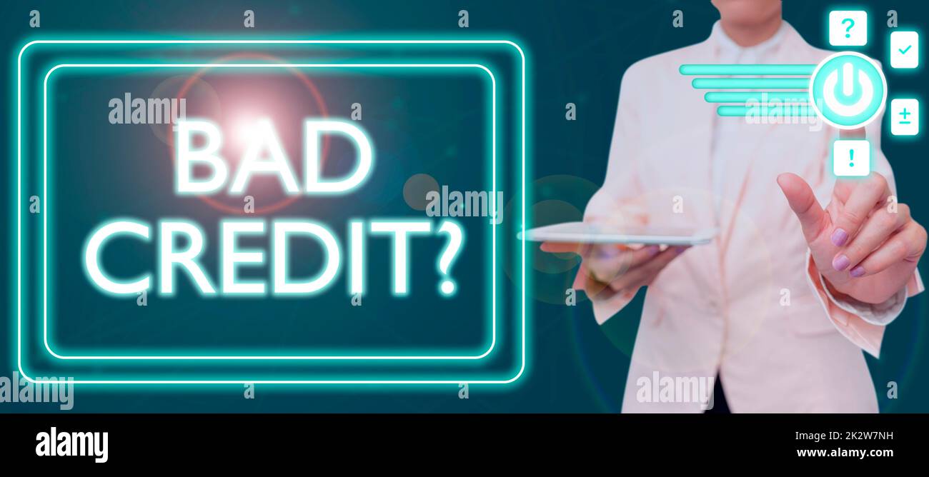 Sign displaying Bad Credit Question. Business concept history when it indicates that borrower has high risk Businessman in suit holding open palm symbolizing successful teamwork. Stock Photo