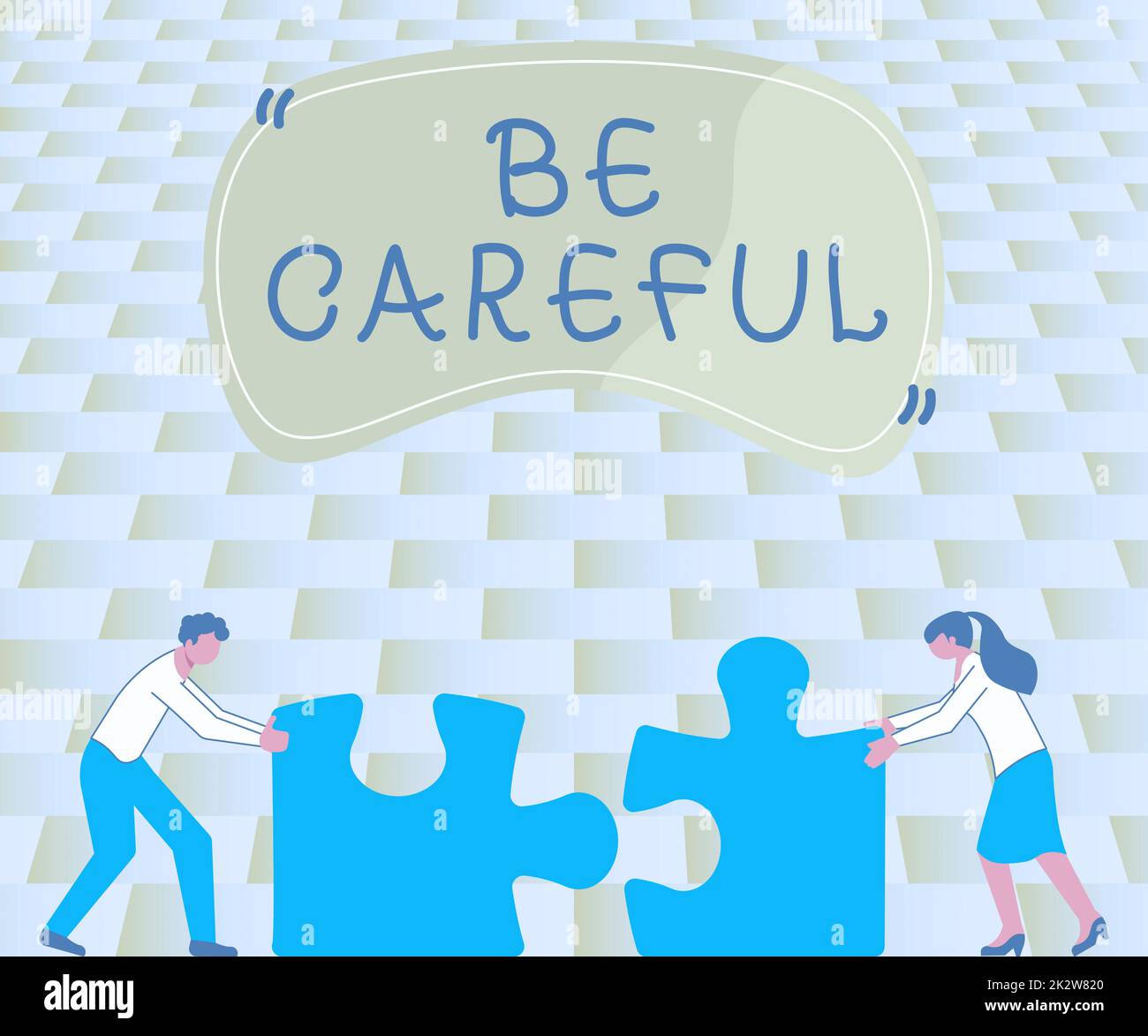 Sign displaying Be Careful. Concept meaning making sure of avoiding potential danger mishap or harm Colleagues Conencting Two Pieces Jigsaw Puzzle Together Showing Teamwork. Stock Photo