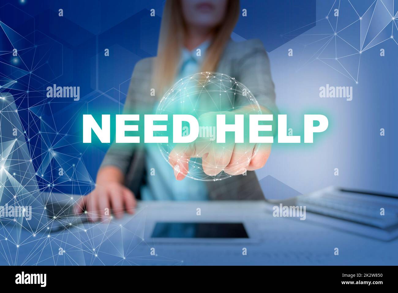 Text sign showing Need Help. Business approach When someone is under pressure and cannot handle the situation Lady in suit pointing finger represents global innovative thinking. Stock Photo