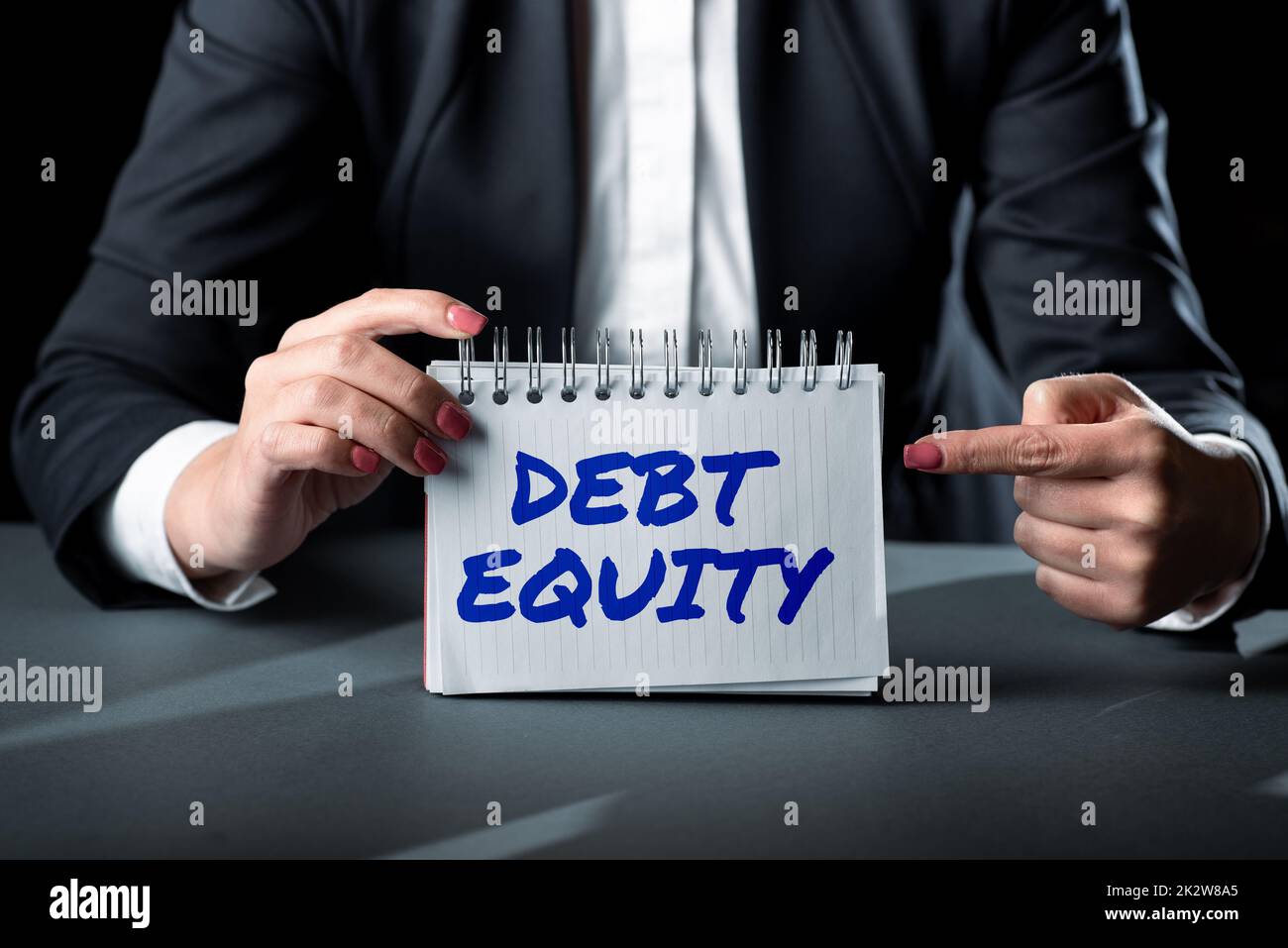 Conceptual display Debt Equity. Conceptual photo dividing companys total liabilities by its stockholders -47874 Stock Photo