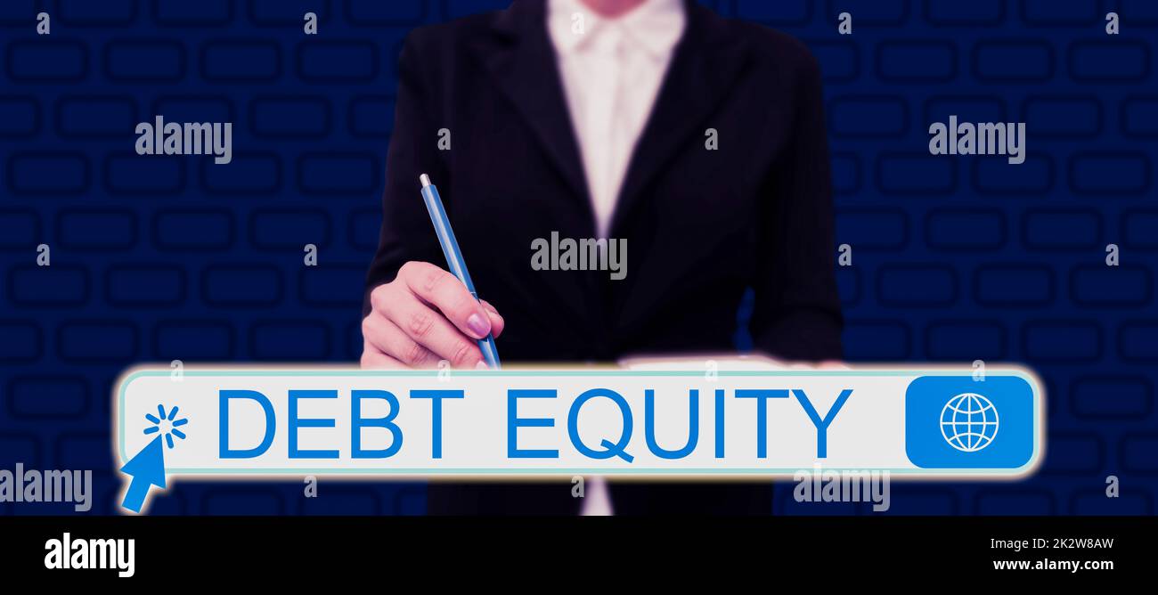 Text showing inspiration Debt Equity. Word Written on dividing companys total liabilities by its stockholders Businessman in suit holding tablet symbolizing successful teamwork. Stock Photo