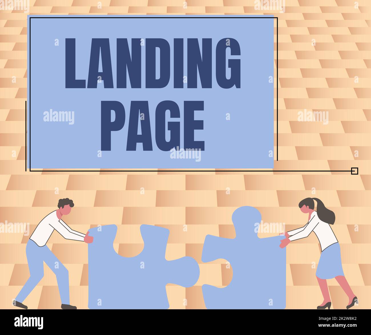 Text showing inspiration Landing Page. Conceptual photo Website accessed by clicking a link on another web page Colleagues Conencting Two Pieces Jigsaw Puzzle Together Showing Teamwork. Stock Photo