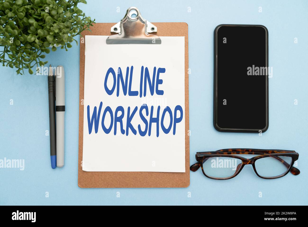 Text showing inspiration Online Workshop. Business showcase shows of goods and commodities over the electronic websites Flashy School Office Supplies, Teaching Learning Collections, Writing Tools Stock Photo