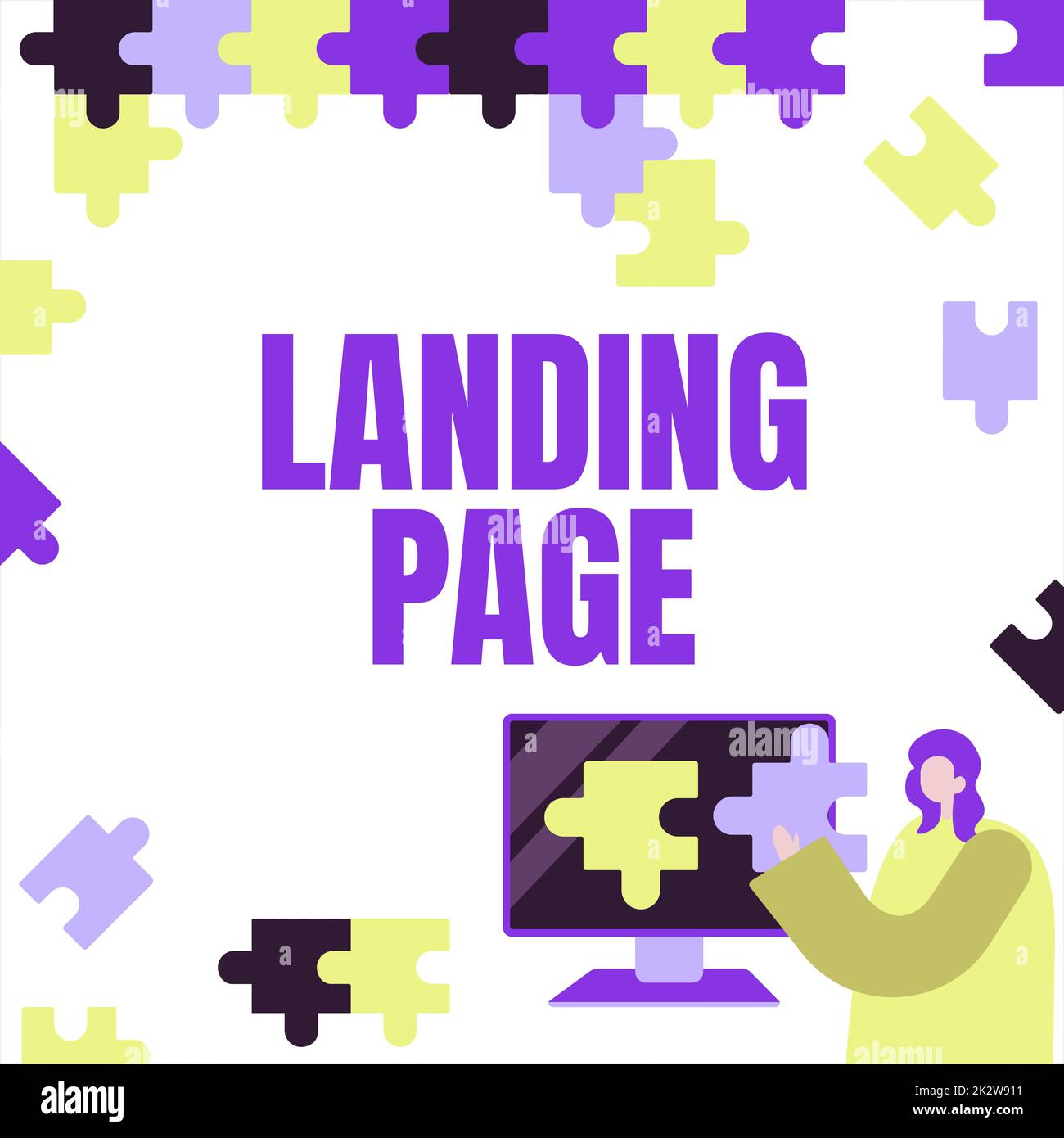 Text sign showing Landing Page. Business concept Website accessed by clicking a link on another web page Lady Holding Puzzle Piece Representing Innovative Problem Solving Ideas. Stock Photo