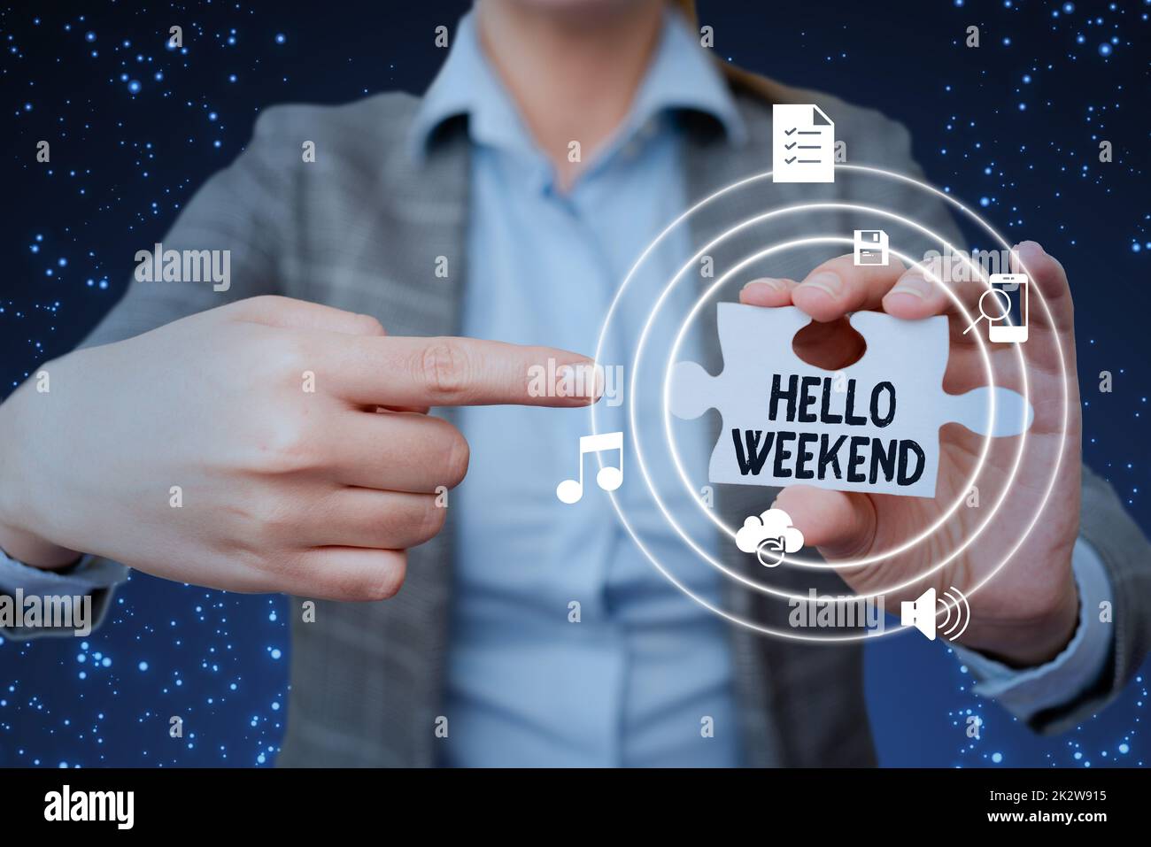 Handwriting text Hello Weekend. Concept meaning Getaway Adventure Friday Positivity Relaxation Invitation Lady in suit pointing puzzle piece representing innovative thinking. Stock Photo