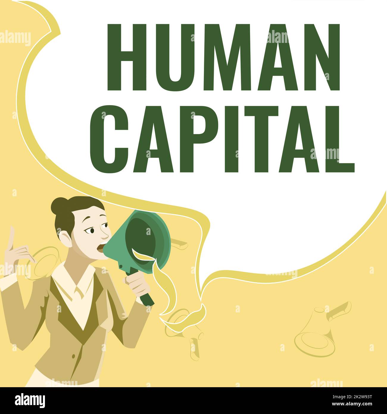 Sign displaying Human Capital. Business overview Intangible Collective Resources Competence Capital Education Female leader holding a megaphone expressing encouraging ideas. Stock Photo