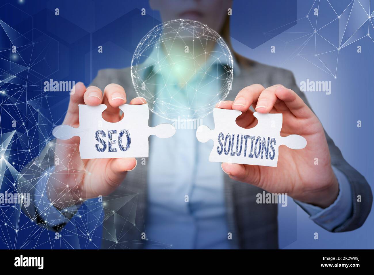 Writing displaying text Seo Solutions. Business idea Search Engine Result Page Increase Visitors by Rankings Lady in suit holding puzzle piece symbolizing global innovative thinking. Stock Photo