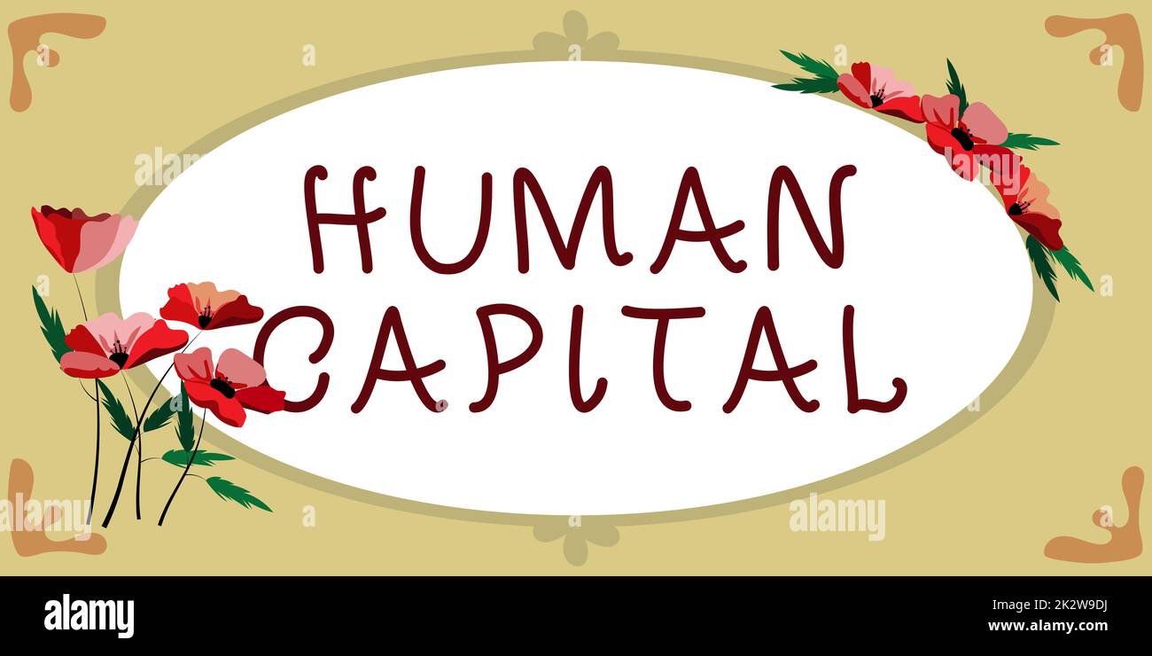 Handwriting text Human Capital. Word for Intangible Collective Resources Competence Capital Education Blank Frame Decorated With Abstract Modernized Forms Flowers And Foliage. Stock Photo