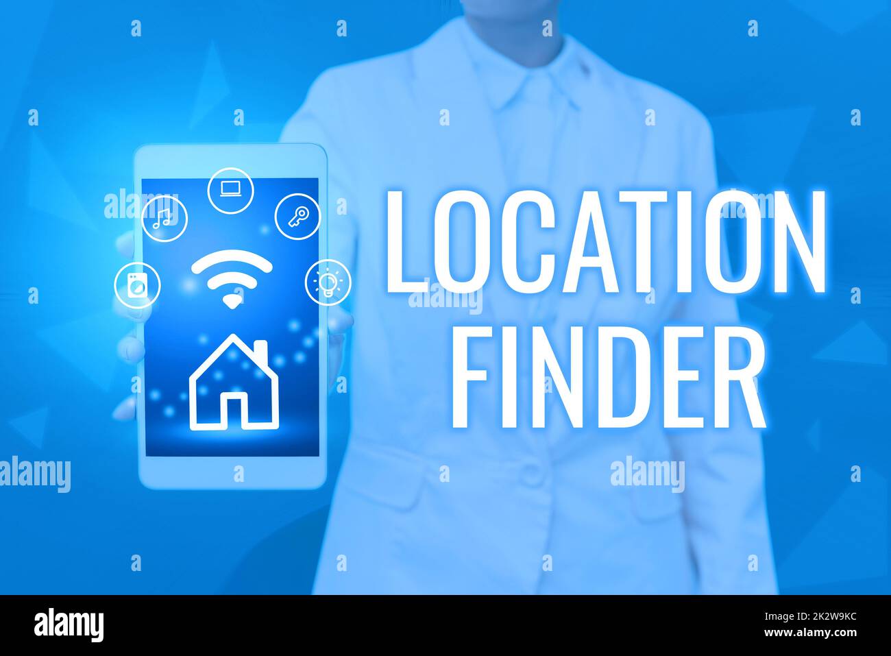 Text sign showing Location Finder. Word for A service featured to find the address of a selected place Lady Pressing Screen Of Mobile Phone Showing The Futuristic Technology Stock Photo
