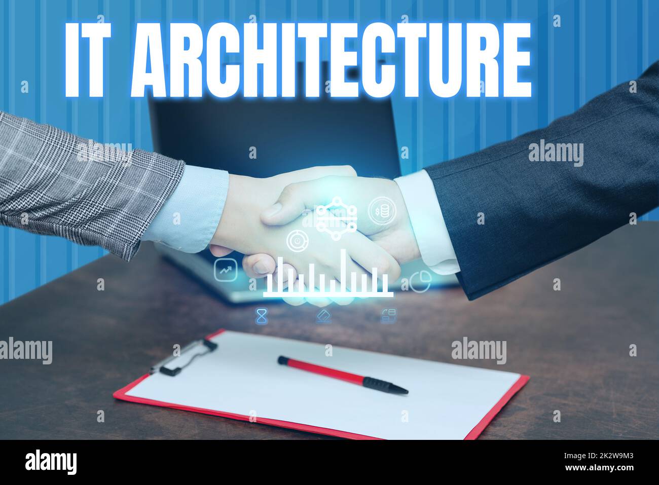 Inspiration showing sign It Architecture. Business approach Architecture is applied to the process of overall structure Hands Shaking Signing Contract Unlocking New Futuristic Technologies. Stock Photo