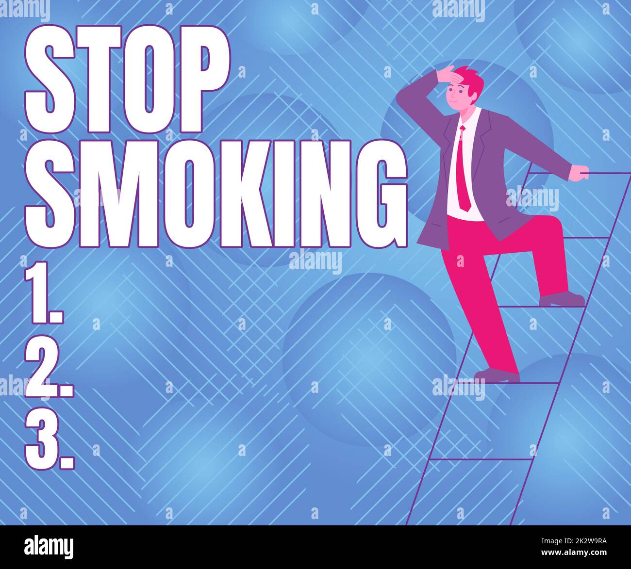 Text sign showing Stop Smoking. Business idea Discontinuing or stopping the use of tobacco addiction Gentleman In Suit Standing Ladder Searching Latest Plan Ideas. Stock Photo