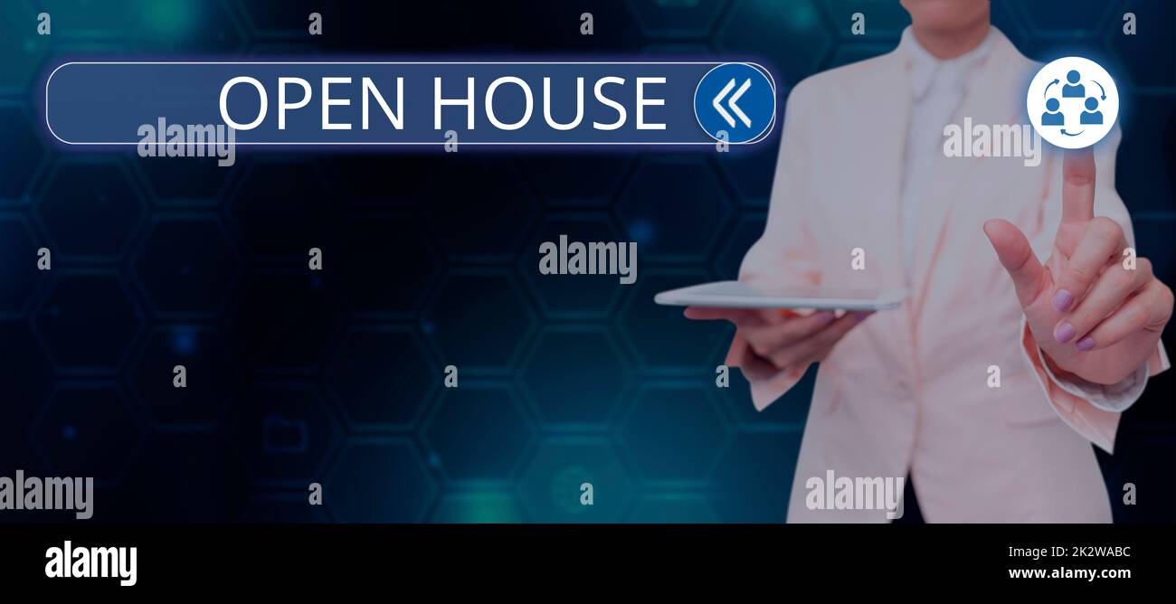 Inspiration showing sign Open House. Business approach you can come whatever whenever want Make yourself at home Businessman in suit holding open palm symbolizing successful teamwork. Stock Photo