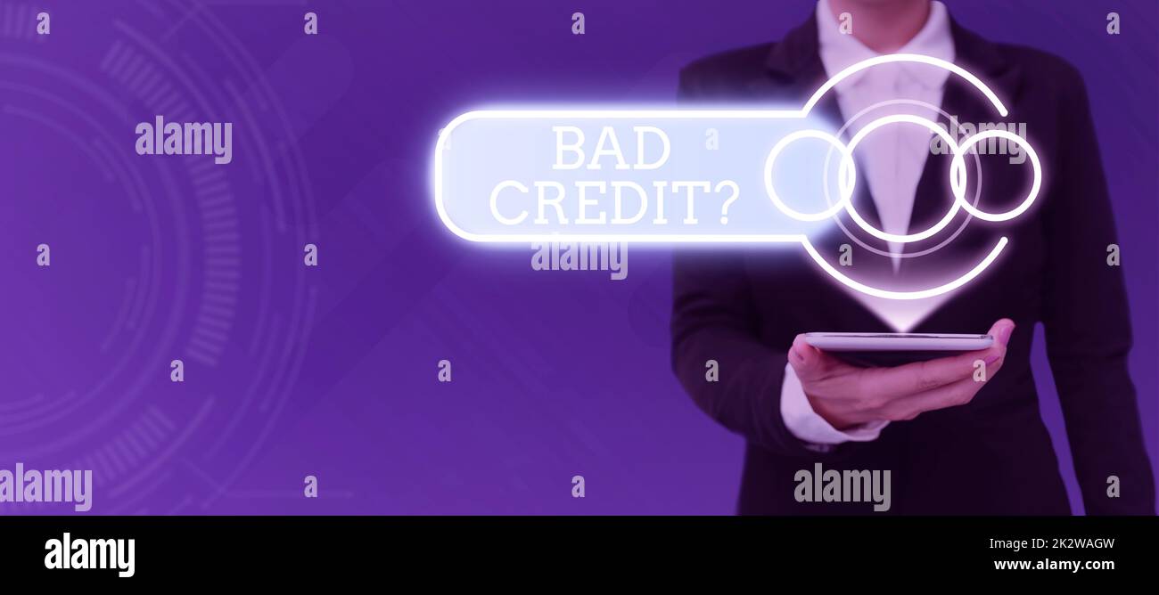 Text sign showing Bad Credit Question. Word for history when it indicates that borrower has high risk Businessman in suit holding open palm symbolizing successful teamwork. Stock Photo