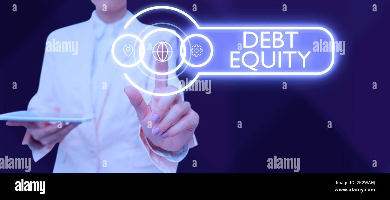 Conceptual caption Debt Equity. Word Written on dividing companys total liabilities by its stockholders Lady in suit holding pen symbolizing successful teamwork accomplishments. Stock Photo