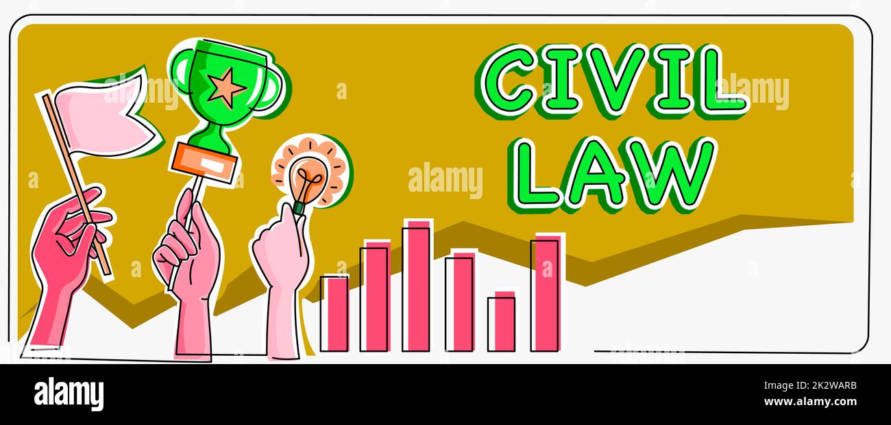 Hand writing sign Civil Law. Concept meaning Law concerned with private relations between members of community Hands Holding Flag Goals, Lamp Ideas Trophy Celebrating Success Graph Bars Stock Photo