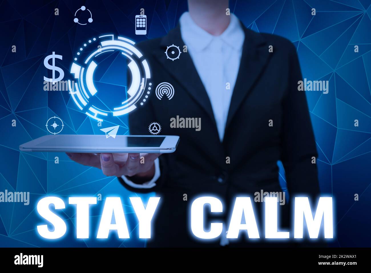 Writing displaying text Stay Calm. Business approach Maintain in a state of motion smoothly even under pressure Lady in suit holding electrical tablet presenting innovative thinking. Stock Photo