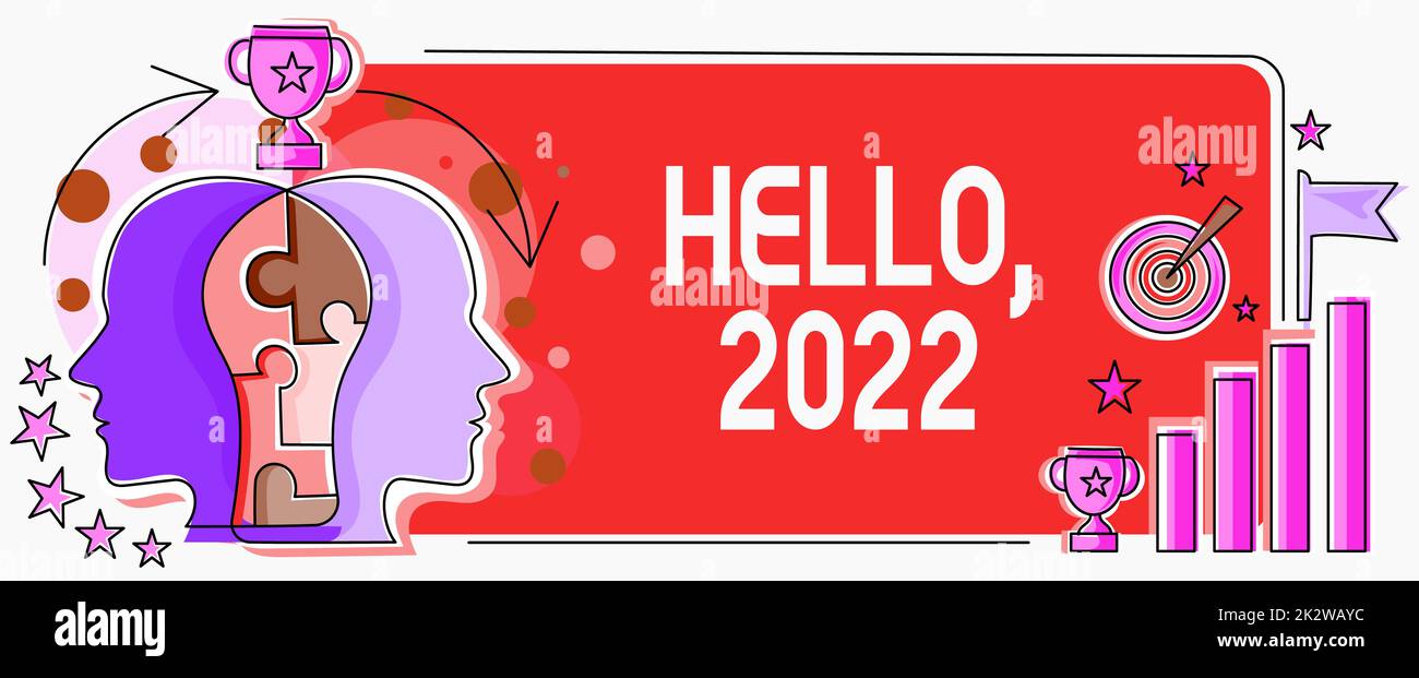 Writing displaying text Hello 2022. Business overview expression or gesture of greeting answering the telephone Two Heads Connected Puzzle Showing Solving Problems And Sharing Success Stock Photo