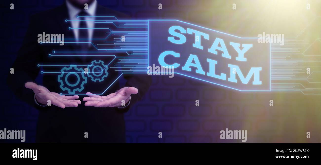 Hand writing sign Stay Calm. Business approach Maintain in a state of motion smoothly even under pressure Computer Keyboard And Symbol.Information Medium For Communication. Stock Photo