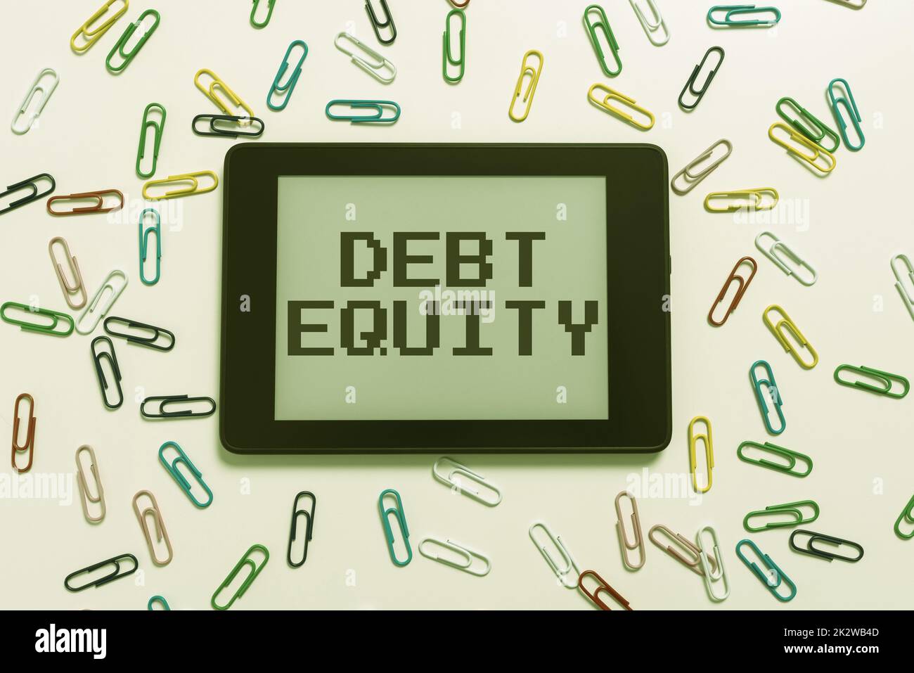 Text caption presenting Debt Equity. Word for dividing companys total liabilities by its stockholders -47883 Stock Photo