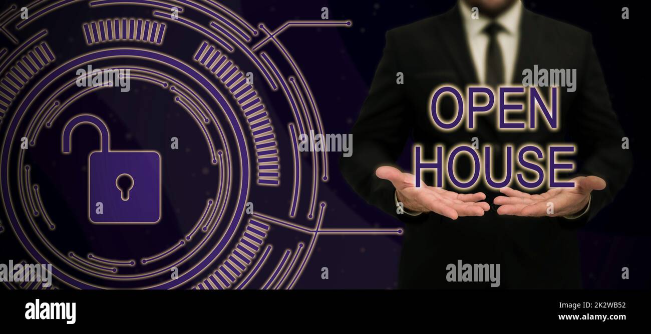 Hand writing sign Open House. Business approach you can come whatever whenever want Make yourself at home Businessman in suit holding open palm symbolizing successful teamwork. Stock Photo