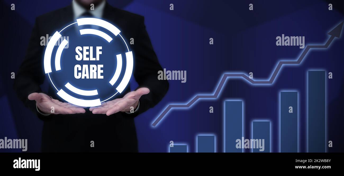 Writing displaying text Self Care. Conceptual photo Give comfort to your own body without professional consultant Lady in suit holding pen symbolizing successful teamwork accomplishments. Stock Photo