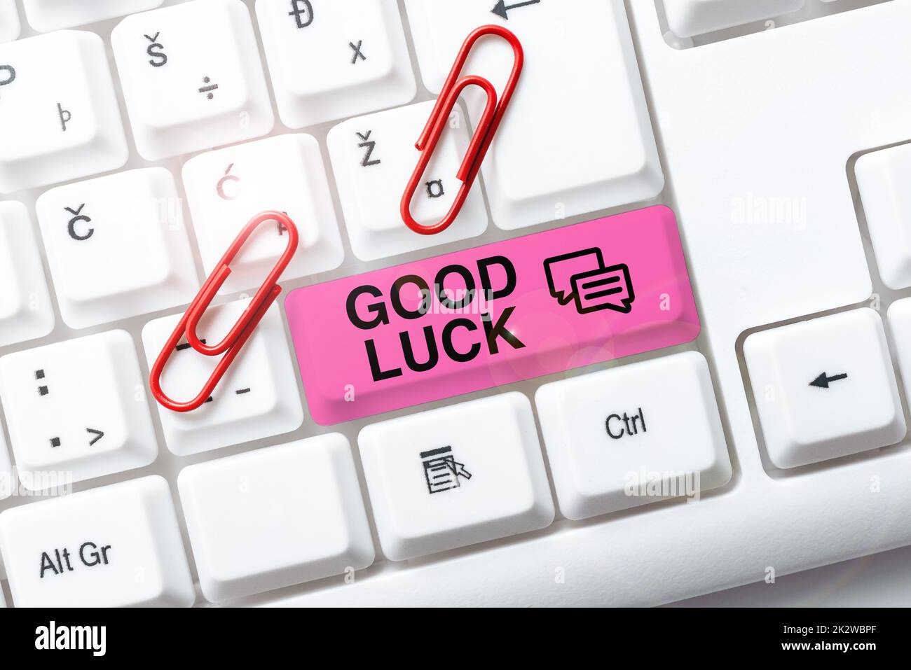 Text sign showing Good Luck. Internet Concept A positive fortune or a happy outcome that a person can have Empty frame decorated with communication symbols represent business meeting Stock Photo