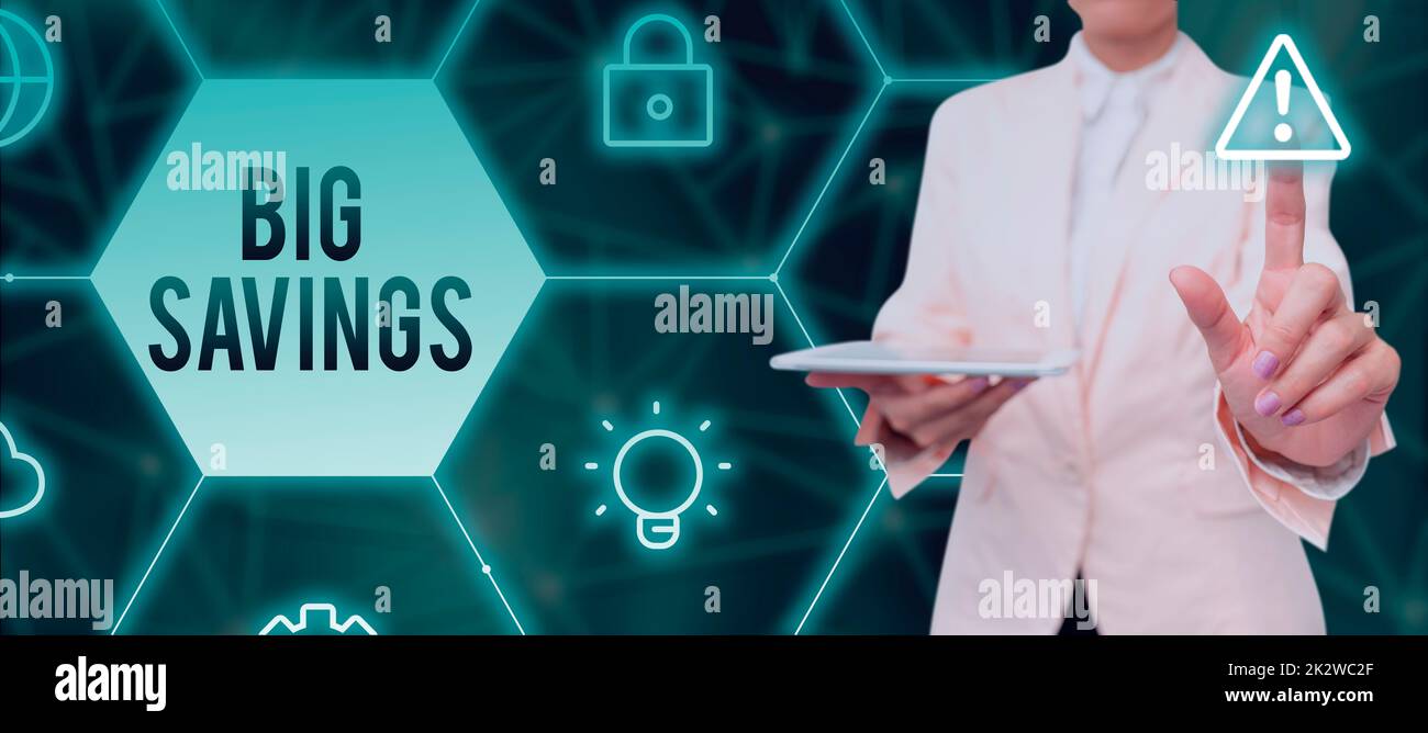 Text caption presenting Big Savings. Word Written on income not spent ...