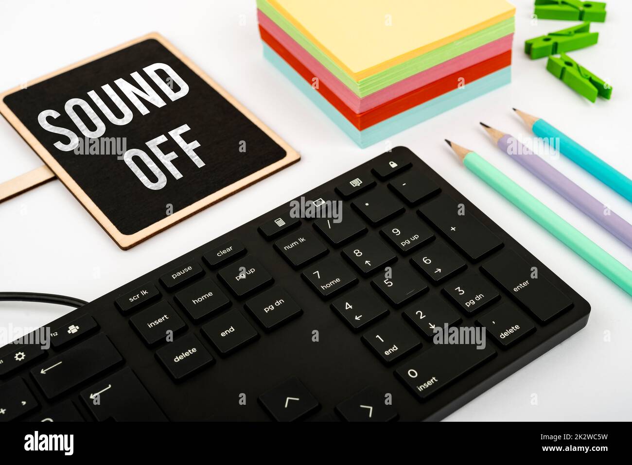 Text sign showing Sound Off. Business idea To not hear any kind of sensation produced by stimulation Computer Keyboard And Symbol.Information Medium For Communication. Stock Photo