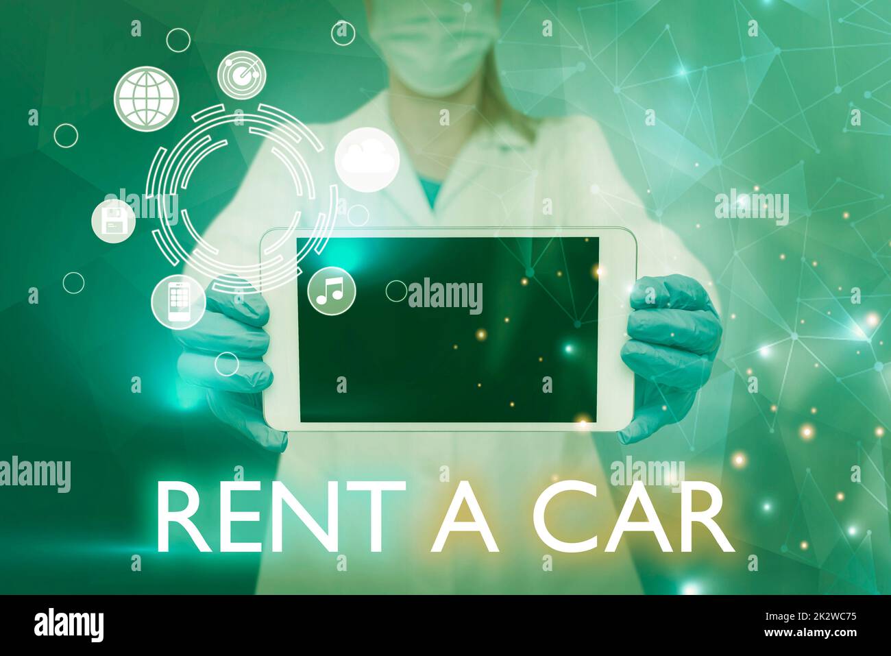 Sign displaying Rent A Car. Business showcase paying for temporary vehicle usage from one day to months Nurse holding tablet symbolizing successful teamwork accomplishments. Stock Photo