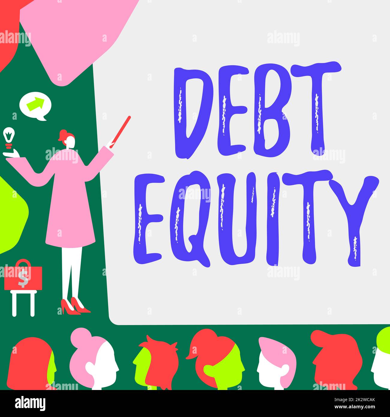 Text caption presenting Debt Equity. Conceptual photo dividing companys total liabilities by its stockholders Lady Pointing Backdrop Presenting Newest Successfull Financial Strategies. Stock Photo
