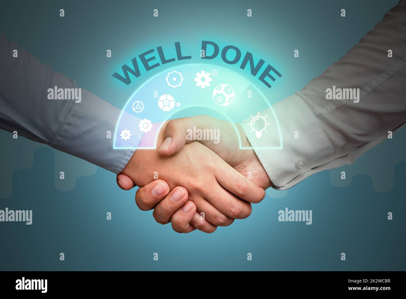 Text sign showing Well Done. Word Written on Peform accurately and diligently with skill and efficiently Hands shaking presenting innovative plan ideas symbolizing teamwork. Stock Photo