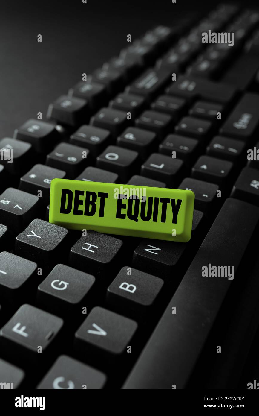 Text caption presenting Debt Equity. Business concept dividing companys total liabilities by its stockholders -49204 Stock Photo