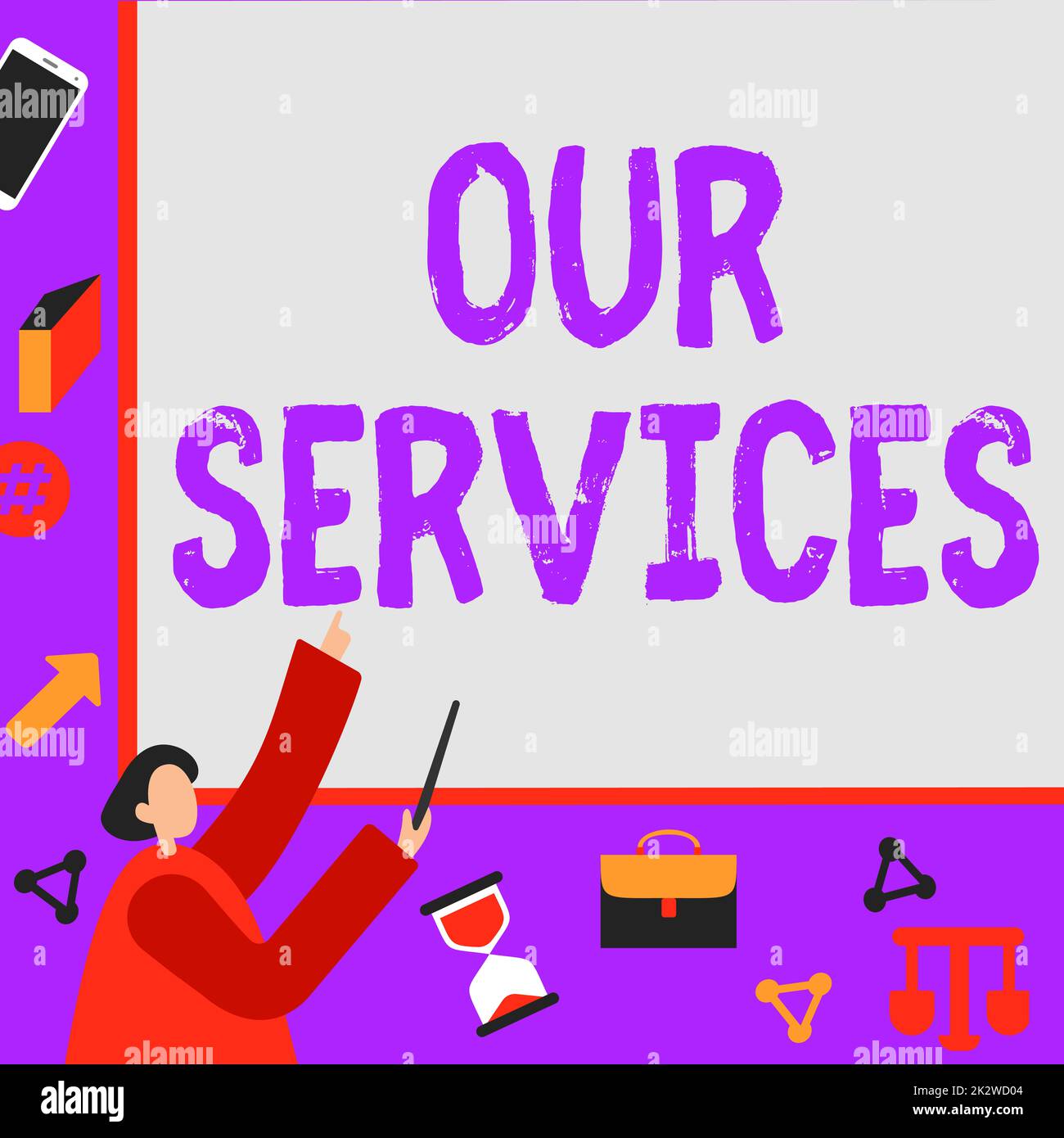 Writing displaying text Our Services. Internet Concept The occupation or function of serving Intangible products Businessman Pointing Fingerpresentation Board Representing Planning Projects. Stock Photo