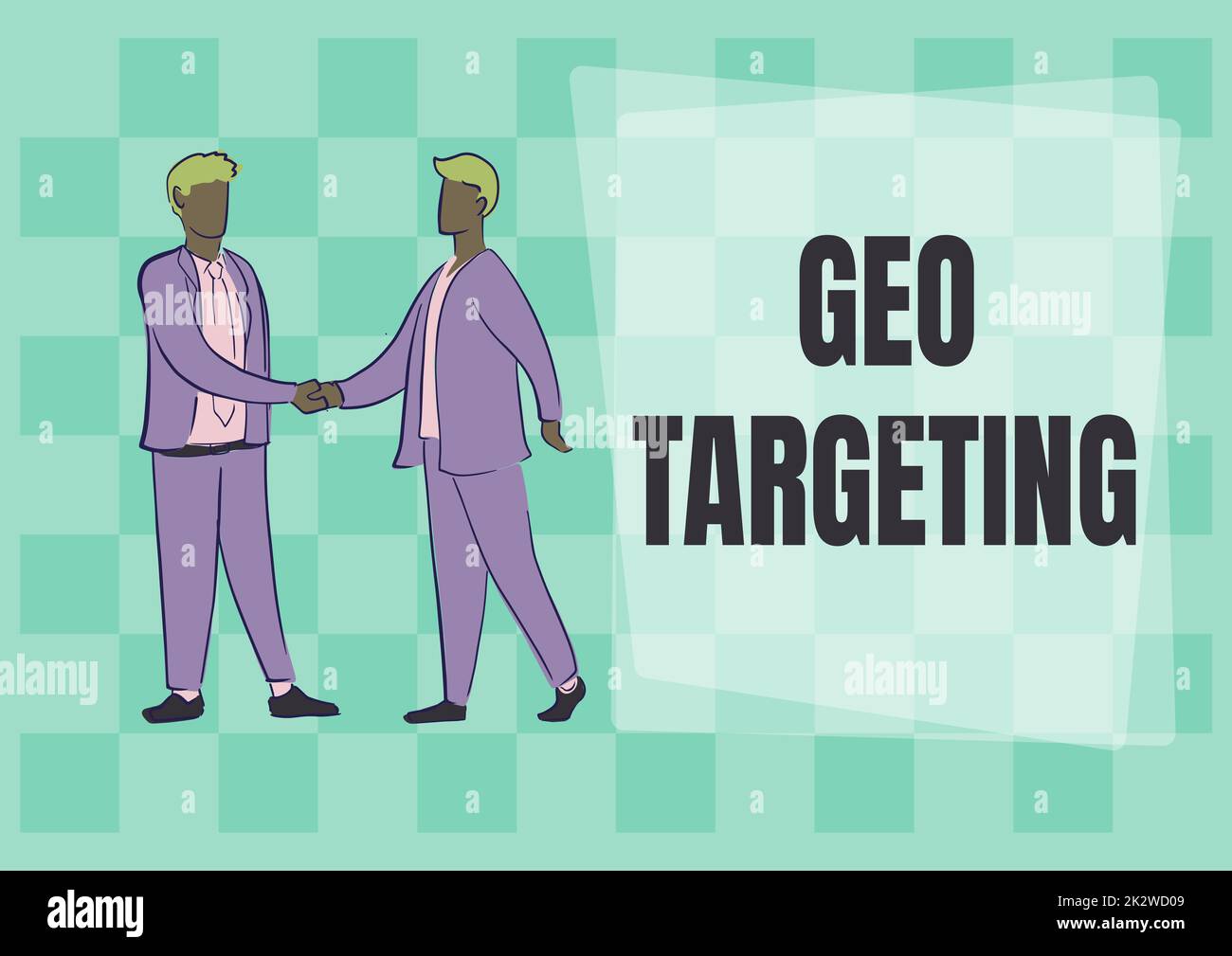 Text showing inspiration Geo Targeting. Internet Concept Digital Ads Views IP Address Adwords Campaigns Location Two colleagues shaking hands congratulating successful teamwork. Stock Photo