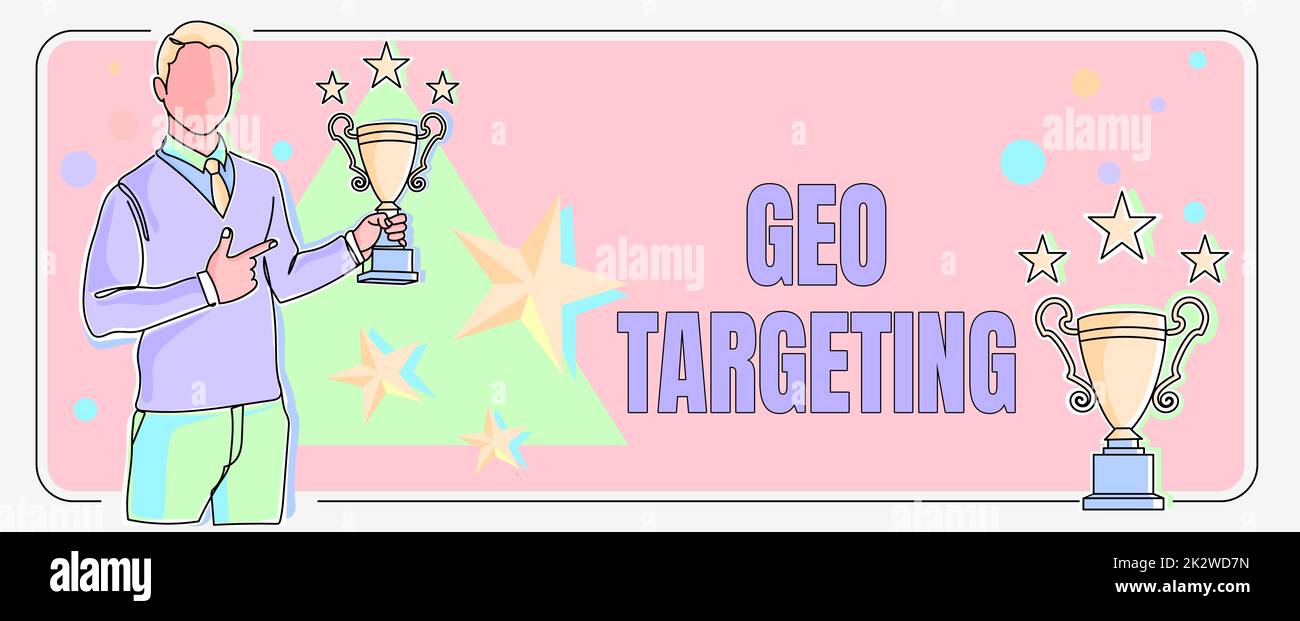 Inspiration showing sign Geo Targeting. Conceptual photo Digital Ads Views IP Address Adwords Campaigns Location Man pointing finger holding trophy cheering reaching project success. Stock Photo
