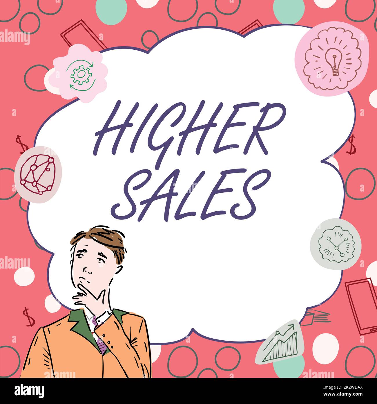 Conceptual display Higher Sales. Business concept The average sold products and services of a company has grown Businessman Innovative Thinking Leading Ideas Towards Stable Future. Stock Photo