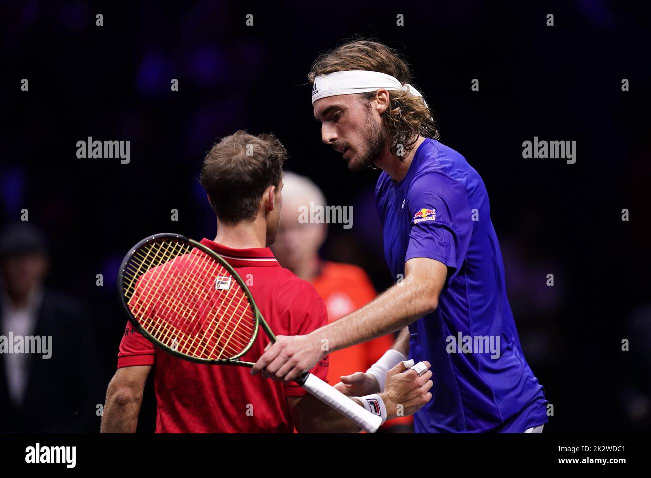 Team Europe's Stefanos Tsitsipas (right) celebrates victory against Team World's Diego Schwartzman on day one of the Laver Cup at the O2 Arena, London. Picture date: Friday September 23, 2022. Stock Photo