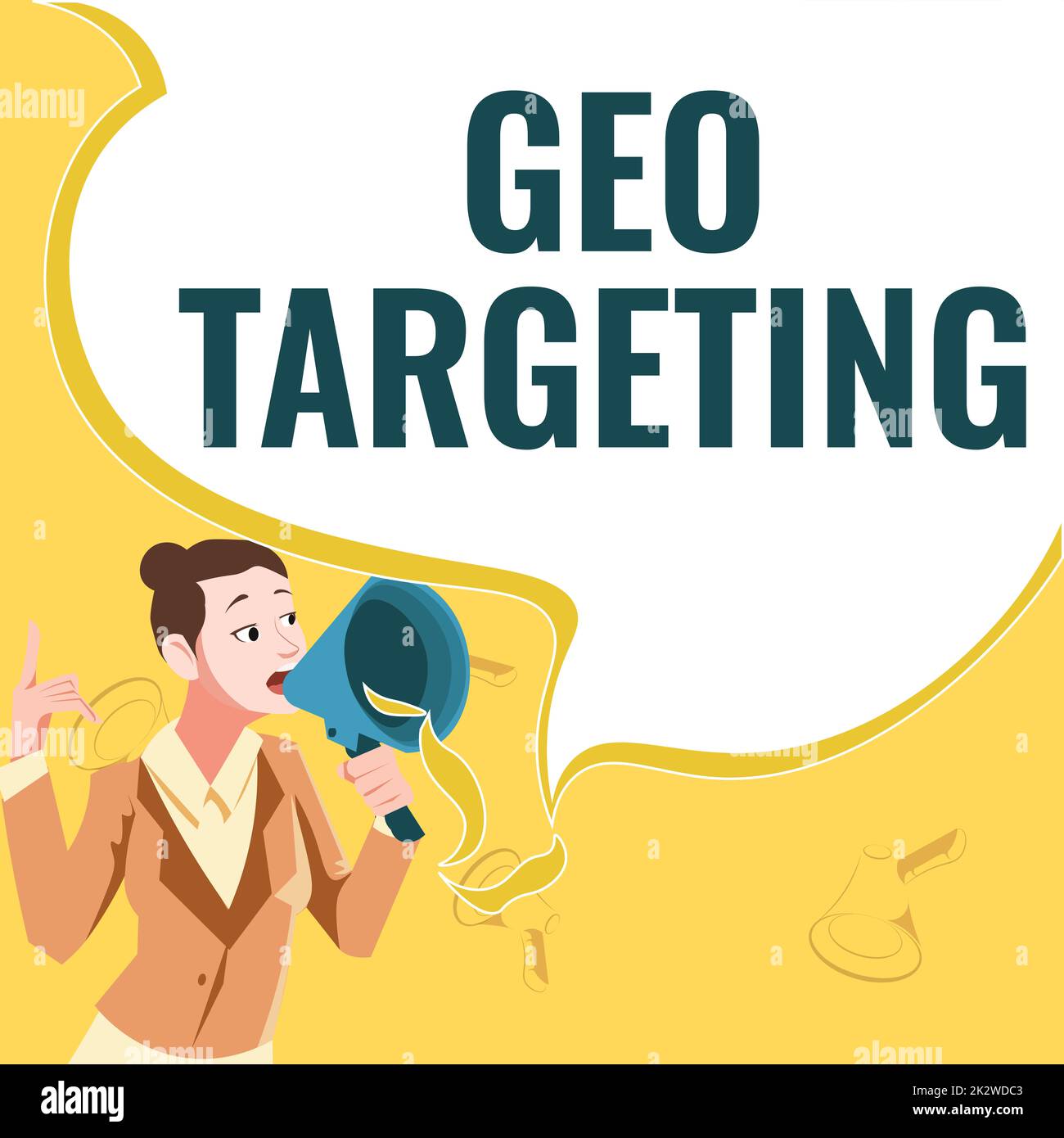 Hand writing sign Geo Targeting. Word Written on Digital Ads Views IP Address Adwords Campaigns Location Female leader holding a megaphone expressing encouraging ideas. Stock Photo