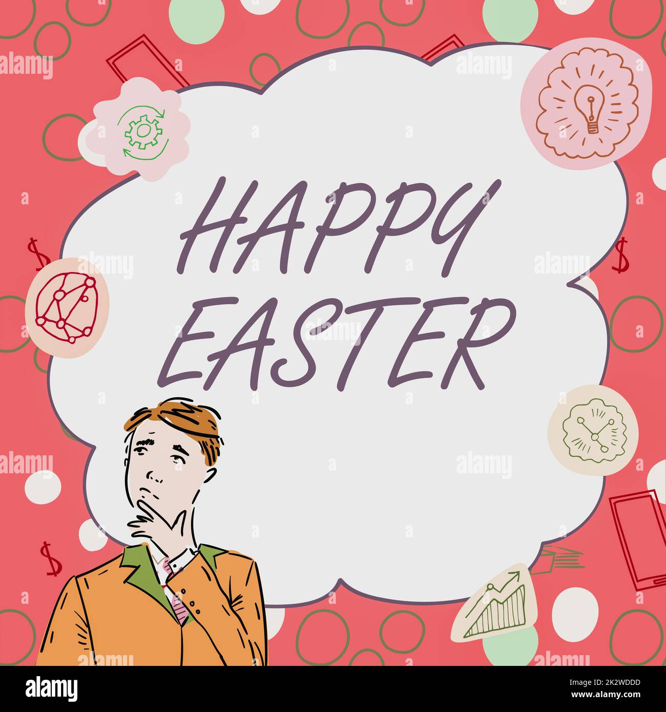 Conceptual display Happy Easter, Concept meaning Christian feast commemorating the resurrection of Jesus Businessman Innovative Thinking Leading Ideas Stock Photo