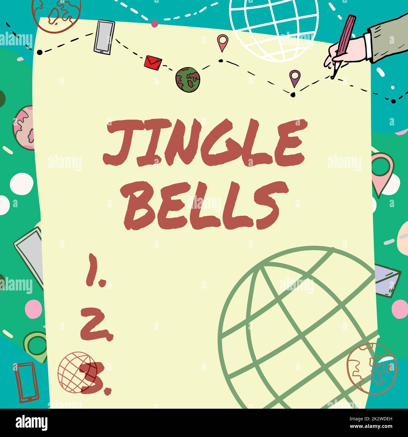 Hand writing sign Jingle Bells. Business overview Most famous traditional Christmas song all over the world Plain Whiteboard With Hand Drawing Guide Line For Steps Over World Globe. Stock Photo