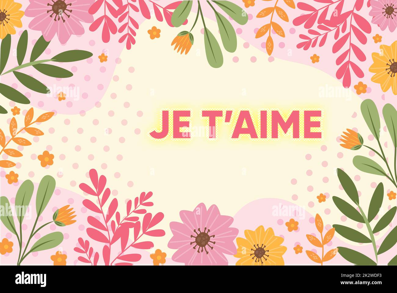 Writing displaying text JE TAIME. Internet Concept French word expressing love meaning I love you Frame Decorated With Colorful Flowers And Foliage Arranged Harmoniously. Stock Photo