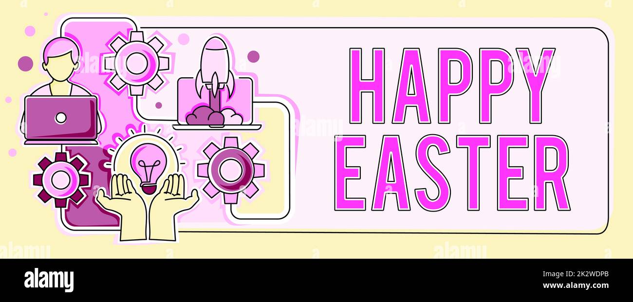 Text sign showing Happy Easter. Business idea Christian feast commemorating the resurrection of Jesus Hands Holding Lamp Rocket With Businessman Presenting New Ideas Startups Stock Photo