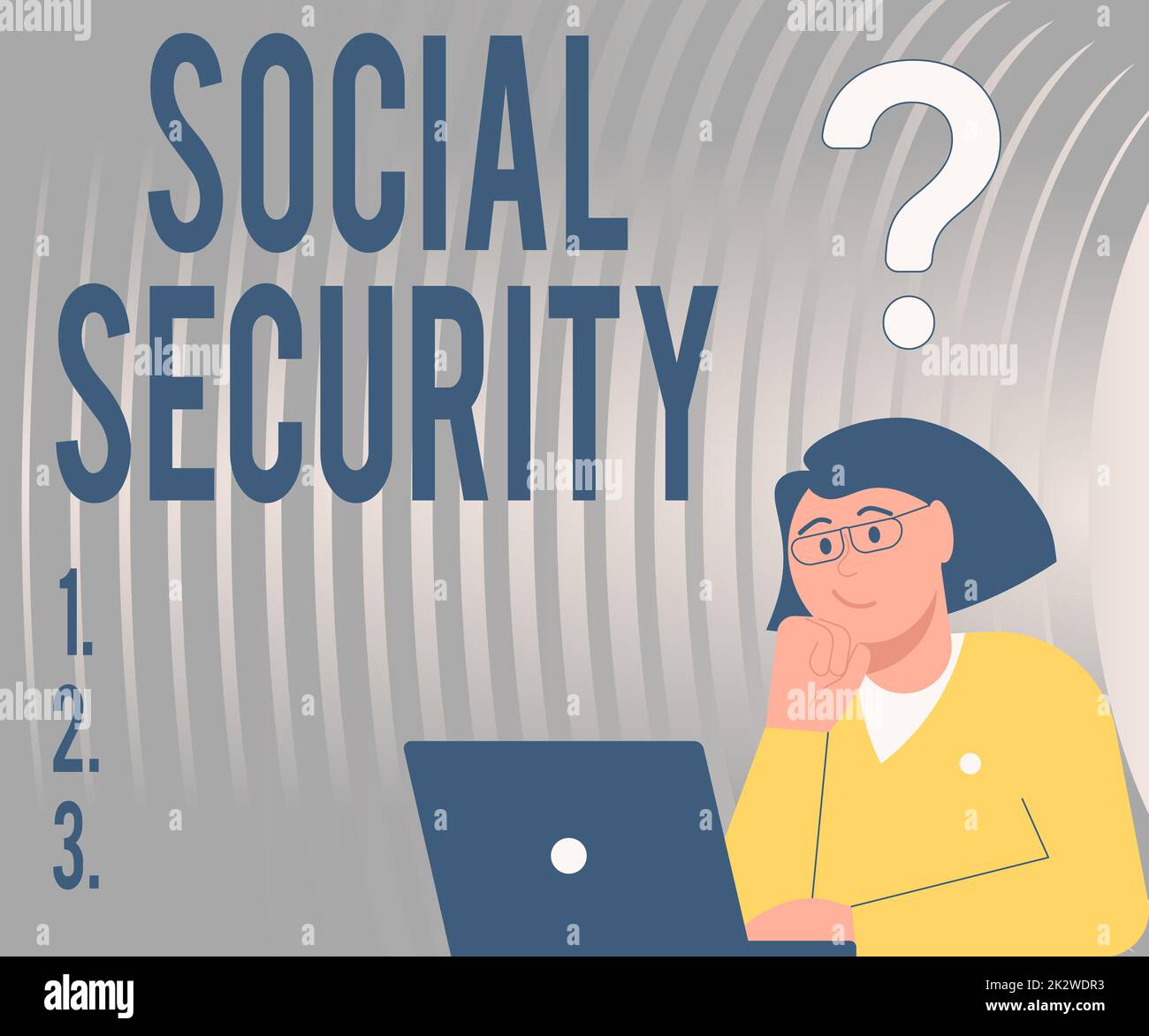 Sign displaying Social Security. Business idea assistance from state showing with inadequate or no income Lady Drawing Brainstorming New Solutions Surrounded With Question Marks Stock Photo